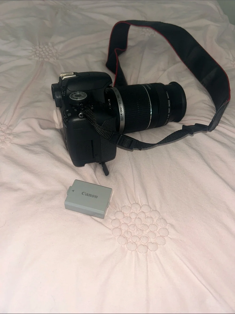 Canon Black DSLR with Zoom Lens and Branded Strap